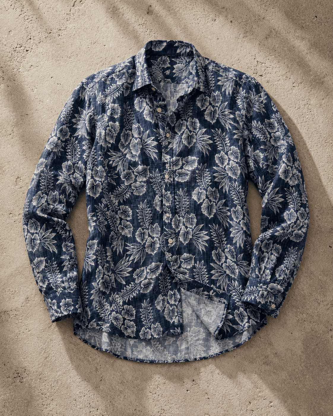 Lightweight linen resort shirt with a tropical print